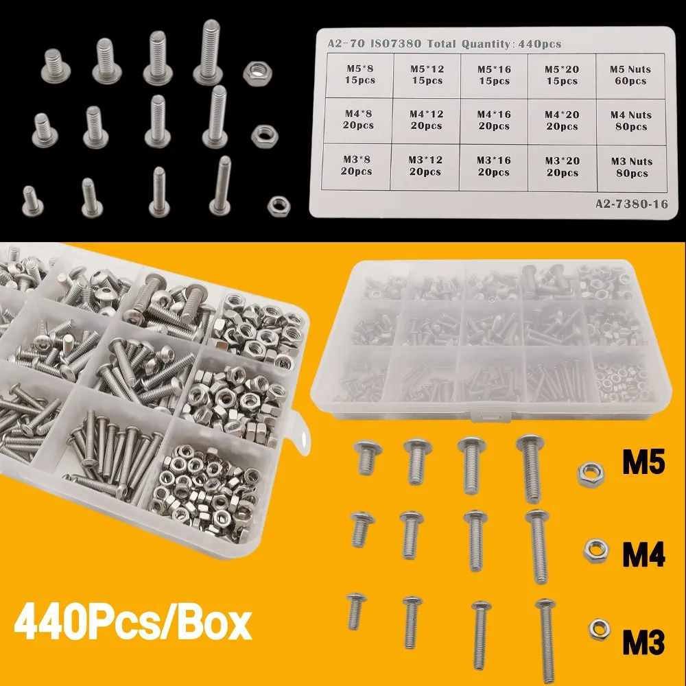 440Pcs M3 M4 M5 Hex Button Socket Head Cap Screw Nut Assortment Kit Stainless Steel Hexagon Thread Machine Bolt Nuts Screws Set
440Pcs M3 M4 M5 Hex Button Socket Head Cap Screw Nut Assortment Kit Stainless Steel Hexagon Thread Machine Bolt Nuts Screws Set