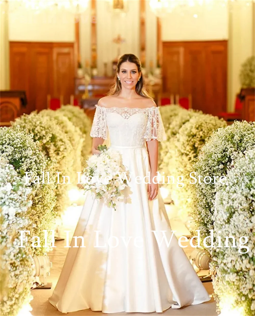 

2024 Boat Neck Wedding Dress For Women Lace Appliques Floor-Length A-Line Satin Bridal Dress Sweep Train Vestidos Novias Boda