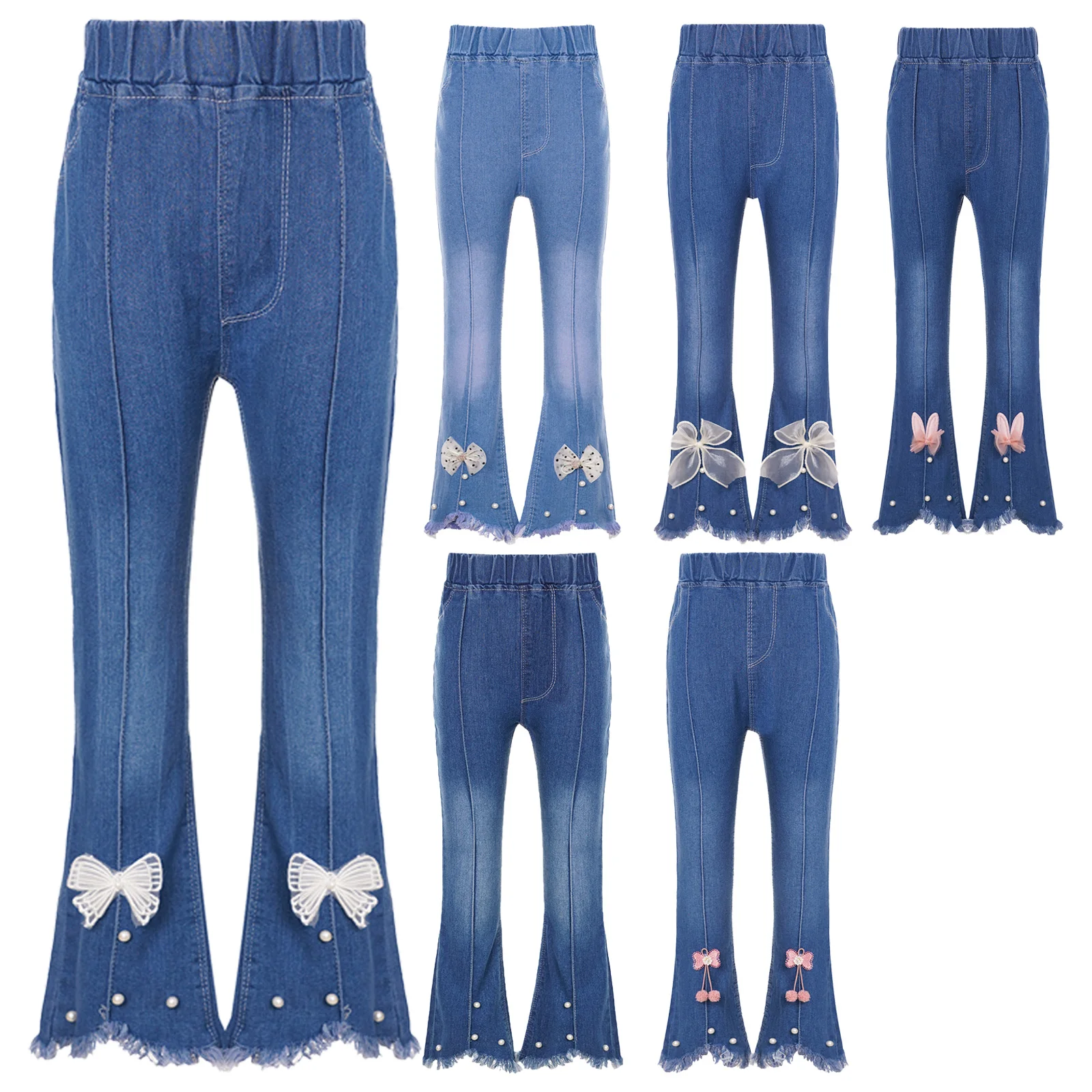 

Blue Kids Girls Cute Bowknot Flared Jeans Fashion Frayed Raw Hem Denim Pants Mid Waist Elastic Waistband Bell-Bottomed Trousers