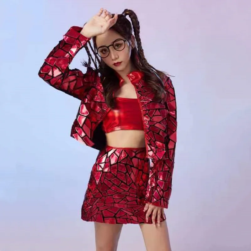 

Women Team Jazz Hip Hop Dance Costume Red Laser Sequin Jacket Skirt Party Outfit Fashion Nightclub Bar Performance Stage Wear