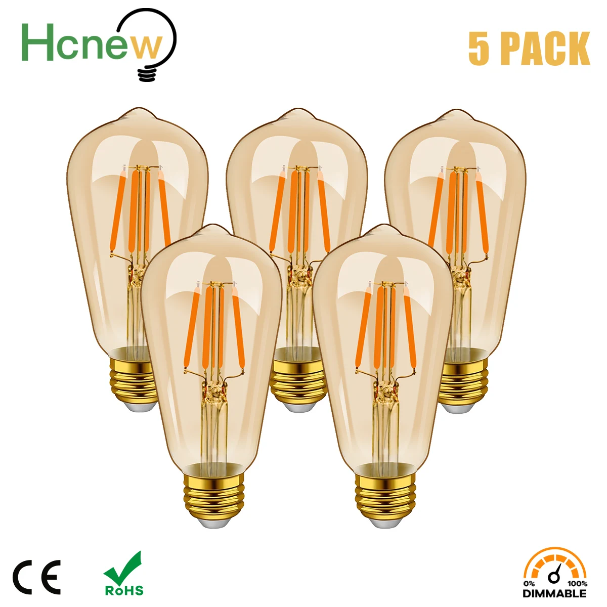 

5pcs Vintage LED Edison Dimmable Filament Light Bulbs ST64 4W E27 Amber Glass Warm White 360 Degrees Beam Angle Decorative Bulb