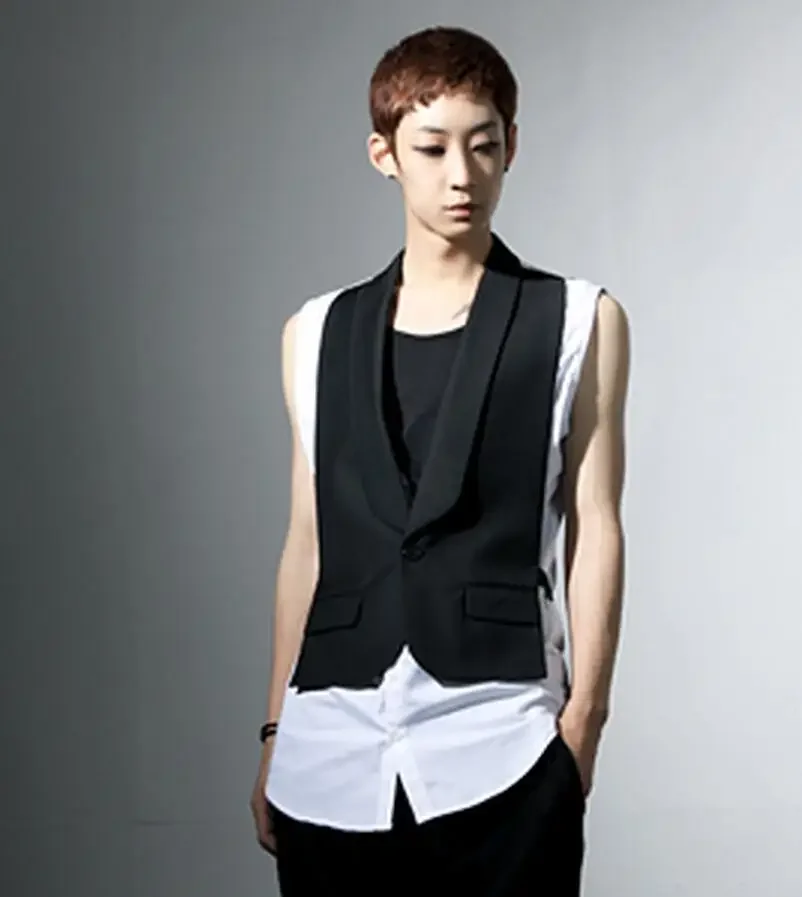 

S-6XL 2024 Men's Slim Fashion Costume Korean Hair Stylist DJ DS personality Street Black White Stitching Vest Singer Costumes