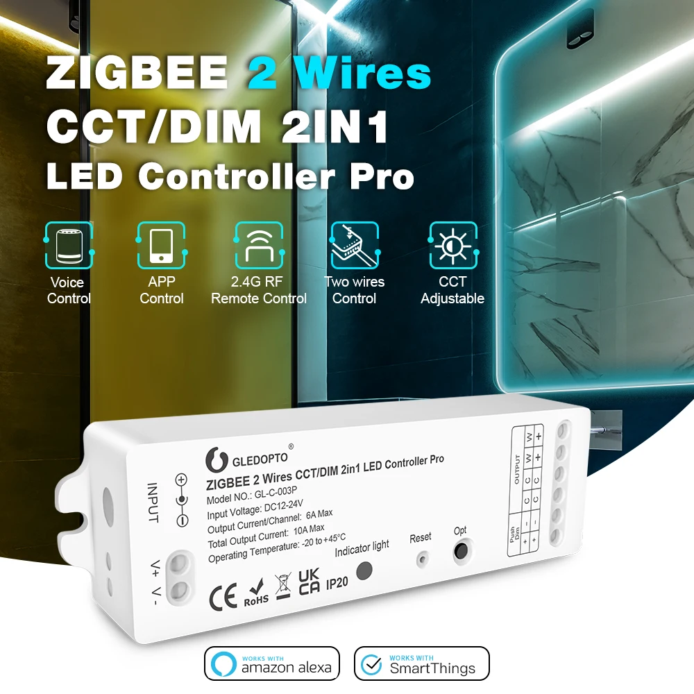 

GLEDOPTO 2 Wires WW CW CCT/DIM ZigBee 3.0 LED Strip Controller Work by SmartThings Alexa Smartlife App Voice RF Remote Control