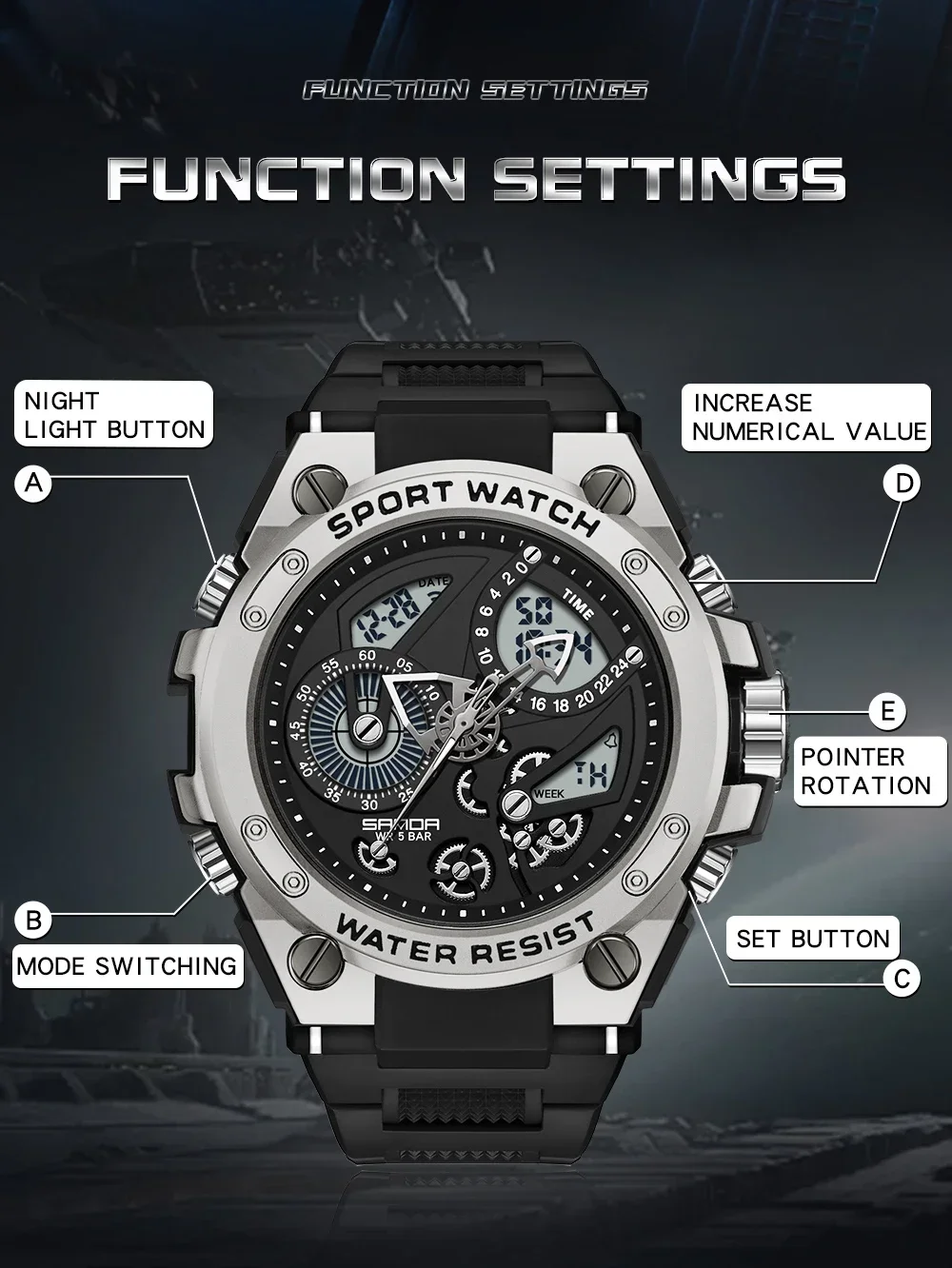 

2024 Watch Multi-Function Fashion Trend Outdoor Luminous Alarm Clock Water proof Shockproof Sanda Men's Sanda Men's Watch 9020