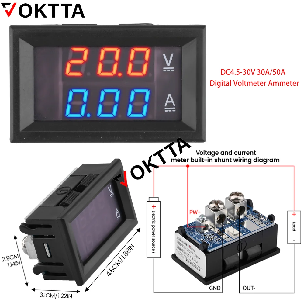 

DC4.5-30V 30A/50A Digital Voltmeter Ammeter Mini Voltage Current Meter Detector Tester 0.28inch Blue Red Dual LED Display Gauge