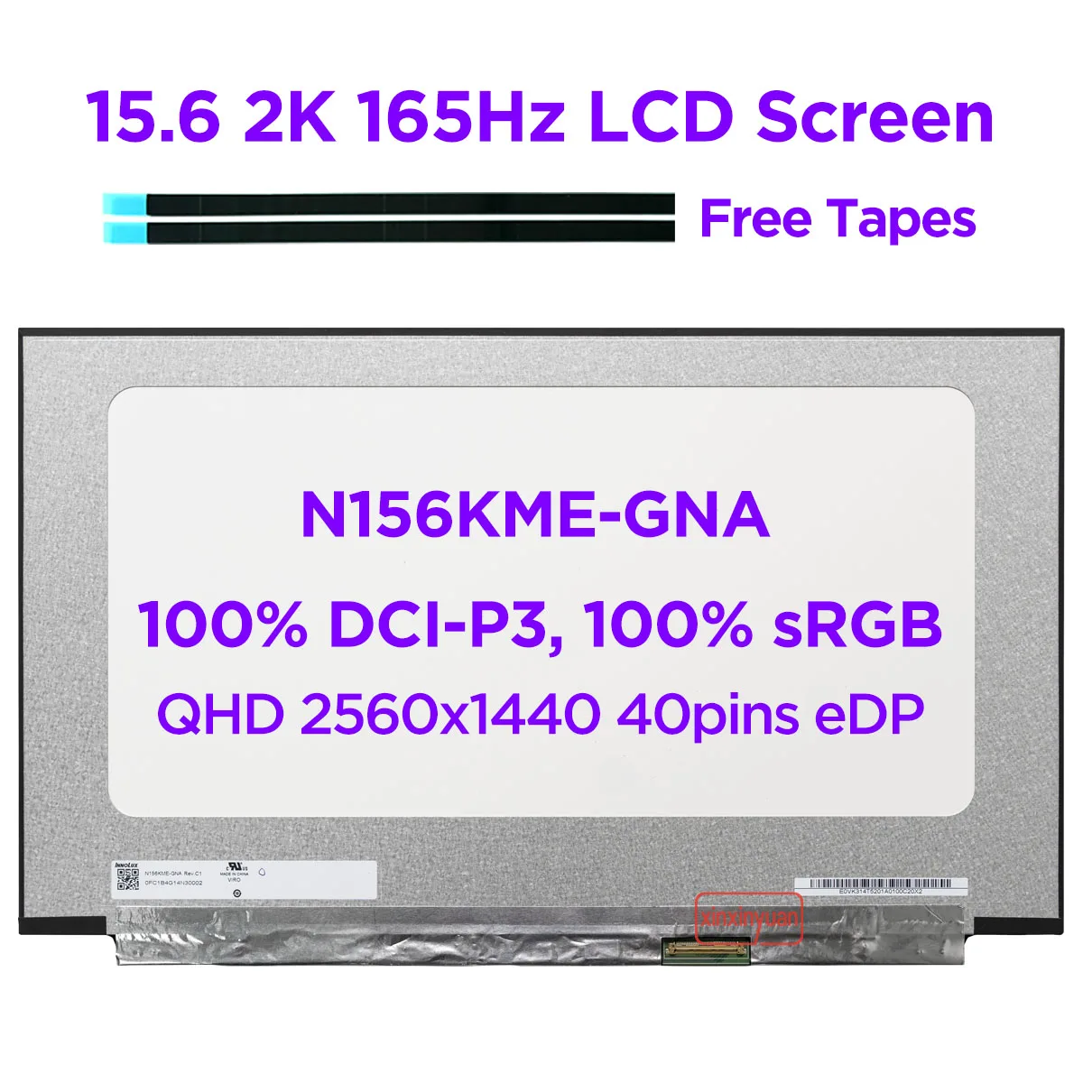 

15.6" 2K 165Hz Laptop LCD Screen N156KME-GNA fit NE156QHM-NY5 100% DCI-P3 QHD 2560x1440 Gaming Display Panel Replacement 40pins