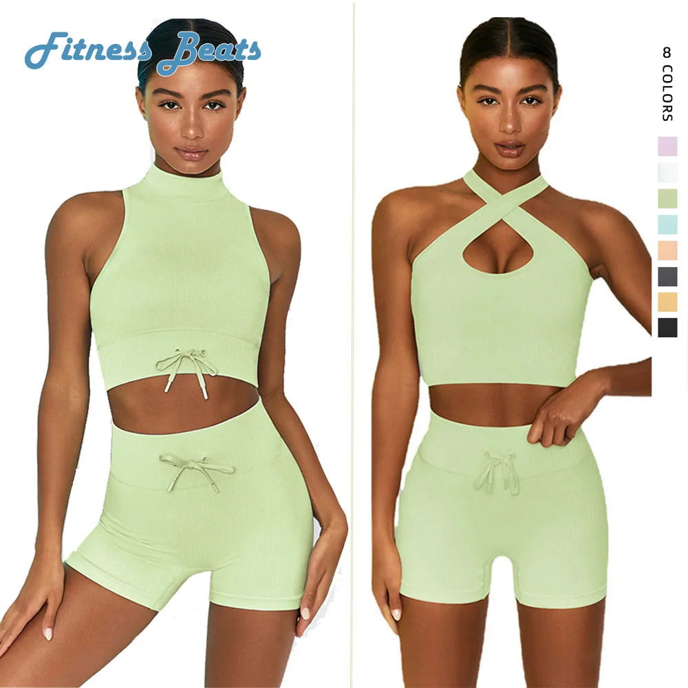 Solid Fitness High Collar Vest Cross Bra Hip Up Shorts Yoga Suit Girdling Drawstring Woman Sports Tracksuit Two Piece Set Stripe
Solid Fitness High Collar Vest Cross Bra Hip Up Shorts Yoga Suit Girdling Drawstring Woman Sports Tracksuit Two Piece Set Stripe