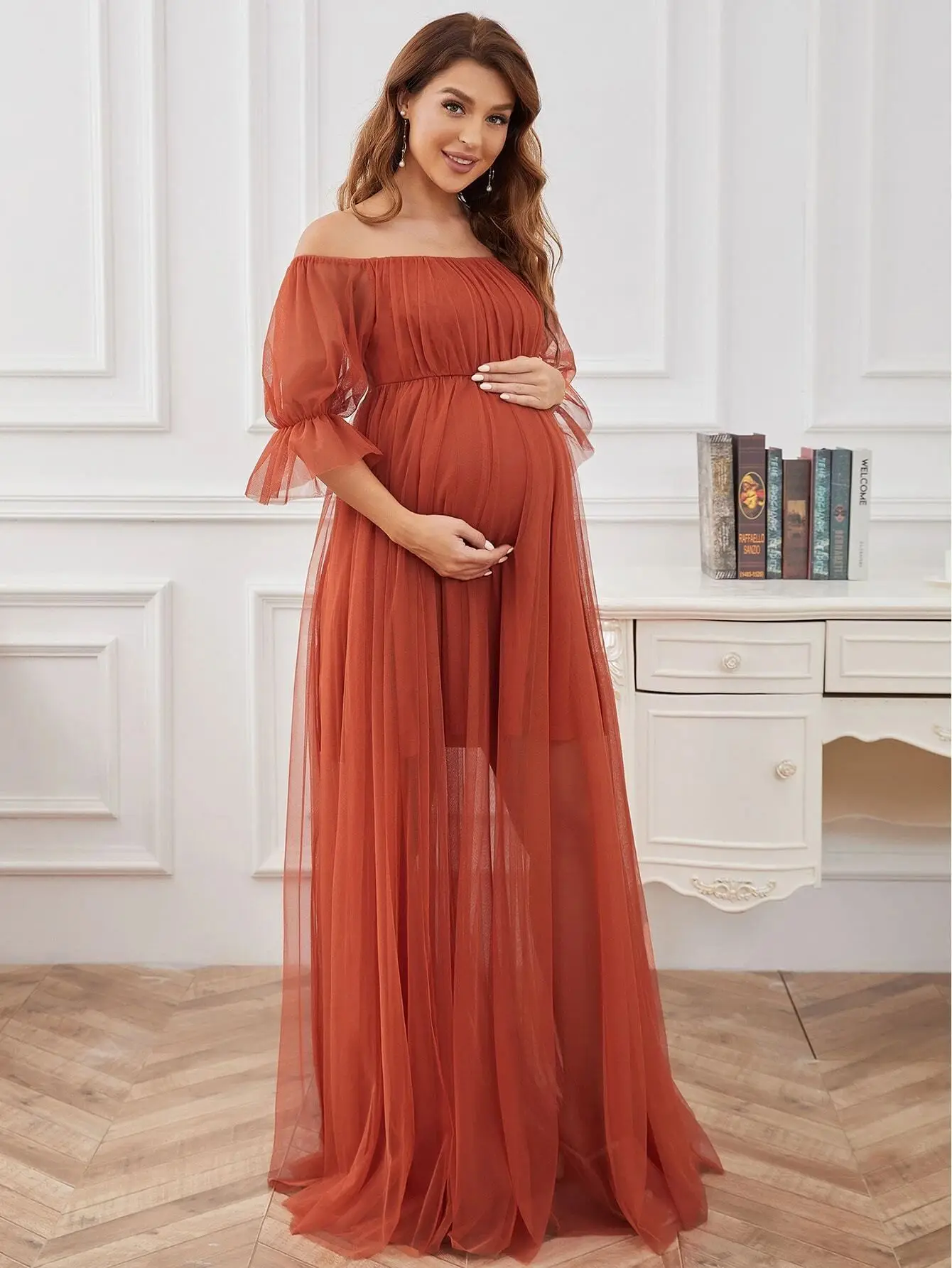 

Elegant Maternity Photoshoots Long Dresses Pregnant Women Solid Off Shoulder Evening Party Dress Premama Bridesmaid Gown Clothes