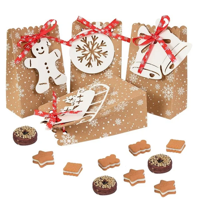 

12Pcs Christmas Kraft Paper Box with Ribbon Tag Snowman Snowflake Bells Decor Candy Cookie Bag Handmade Gift Packaging Supplies