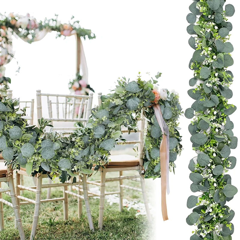 

1.8M Eucalyptus Rattan Artificial Fake Silver Dollar Leaves Plant Vines Garland Table Runner for Wedding Arch Party Decorations