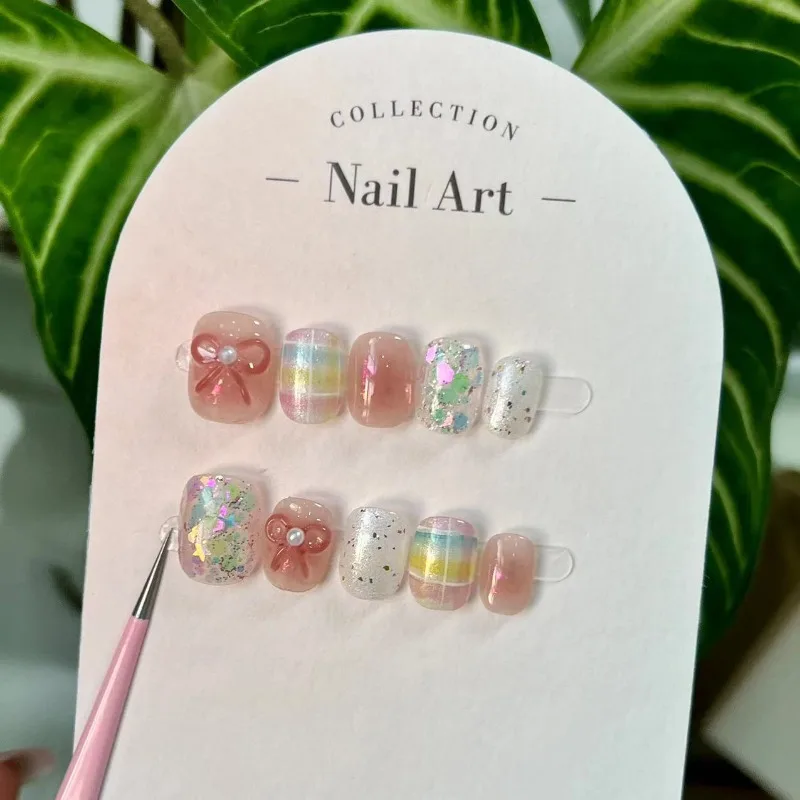 10PCS Sweet Glossy Pink Short Square Round Handmade Press on Nails Glitter Sequin Bowknot Wearable Fake Nail Manicure with Charm 13 S55165ad14b174b8c92be722261945b69b