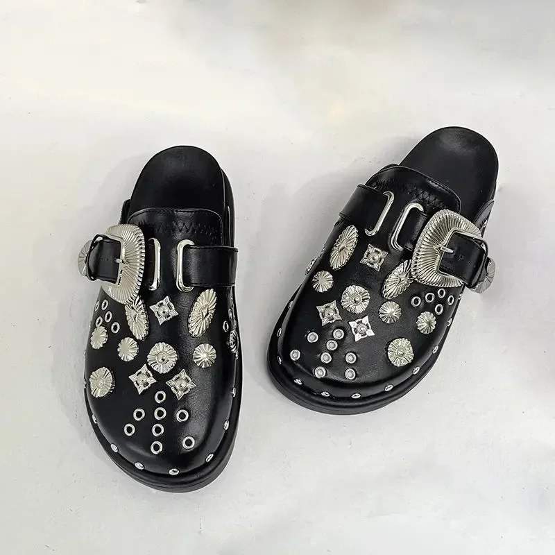 

Summer Women Slippers Platform Rivets Punk Rock Leather Mules Creative Metal Fittings Casual Party Shoes Female Outdoor Slides