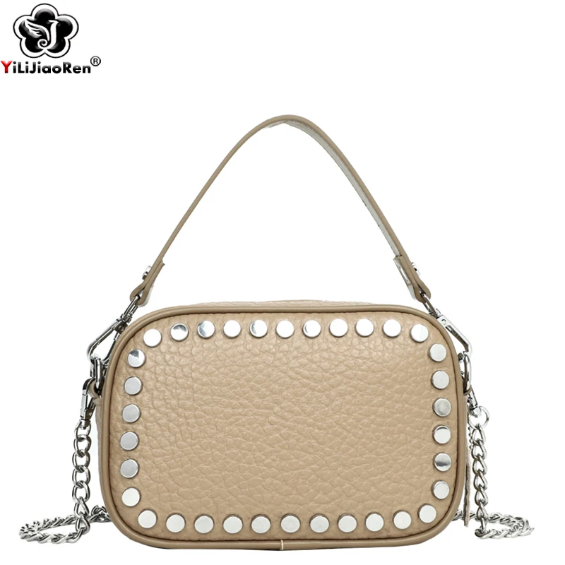 

Fashion Rivet Handbags for Women Luxury Chains Crossbody Bags Ladies Genuine Leather Shoulder Messenger Bag Small Flap Wallet