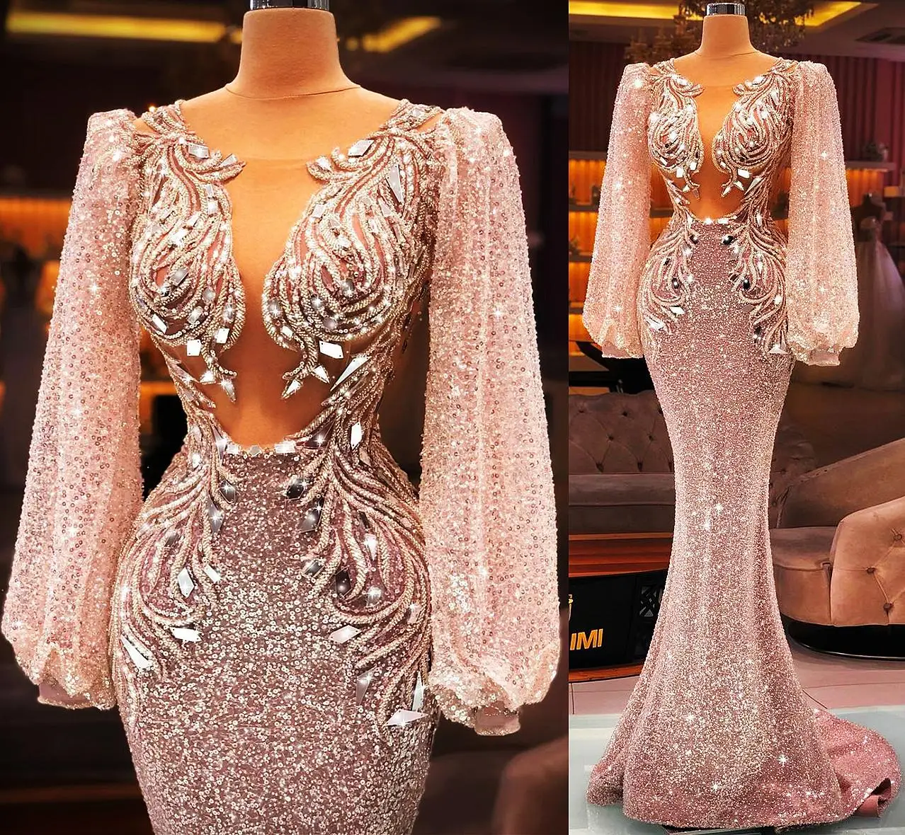 

Sparkly Crystals Mermaid Evening Dress 2022 Long Sleeves Beading Illusion Party Wear Celebrity Dresses For Women Robes Arabic