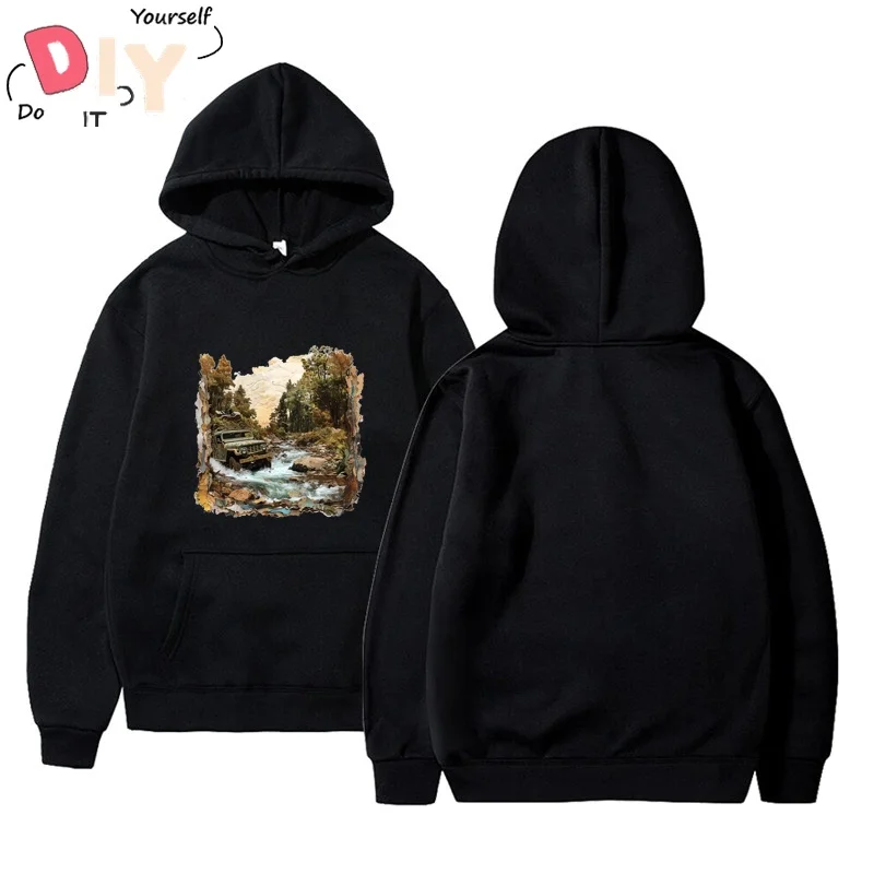 

Vehicle Driving Over A Stream In A Forest Round Neck Korean Style Summer Hoodie Men Basic Sport Blouse Viral Fashion
