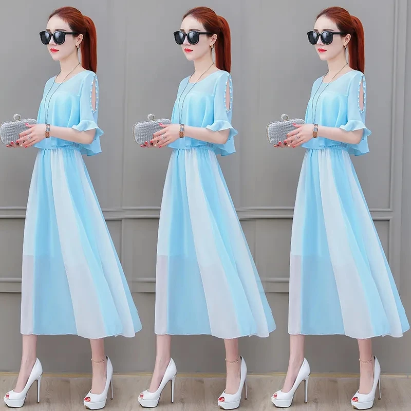 Платье женское шифоновое средней длины с коротким рукавом и круглым вырезом
Платье женское шифоновое средней длины с коротким рукавом и круглым вырезом