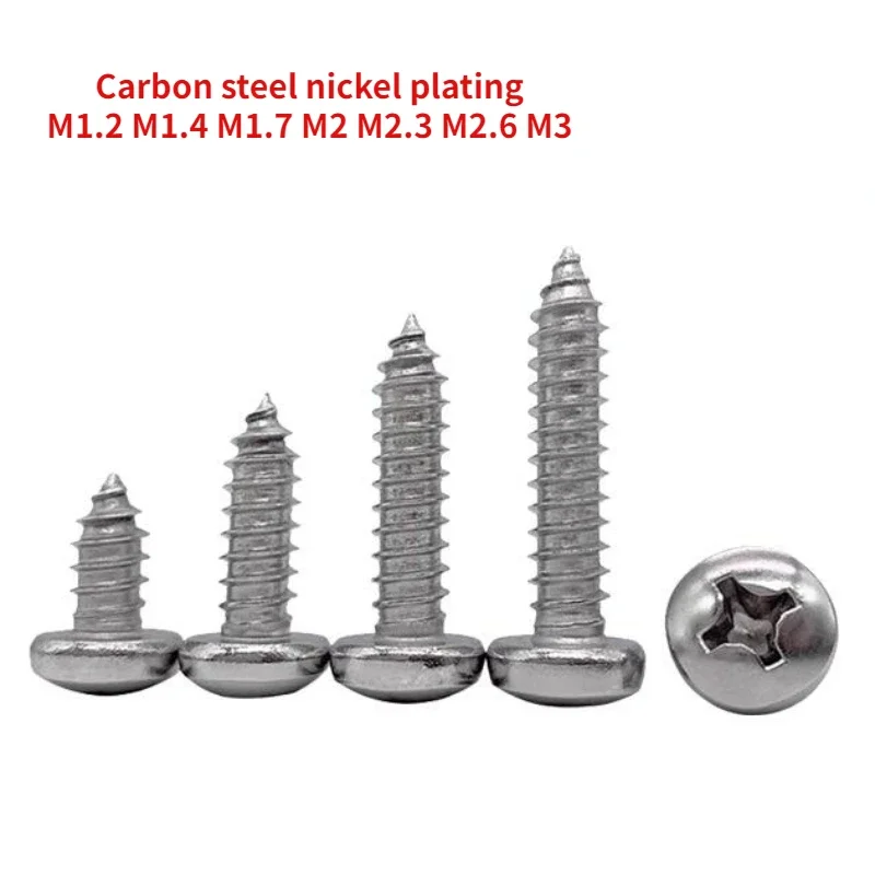 

500pcs M1.2 M1.4 M1.7 M2 M2.3 M2.6 M3 Carbon Steel Nickel Plated GB845 Pan Head Cross Pointed Tail Self Tapping Screw