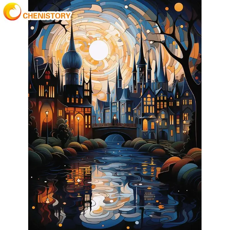 

CHENISTORY Modern Paint By Numbers Dark River Castle Coloring By Numbers Artwork Diy Set For Adults Halloween Decors