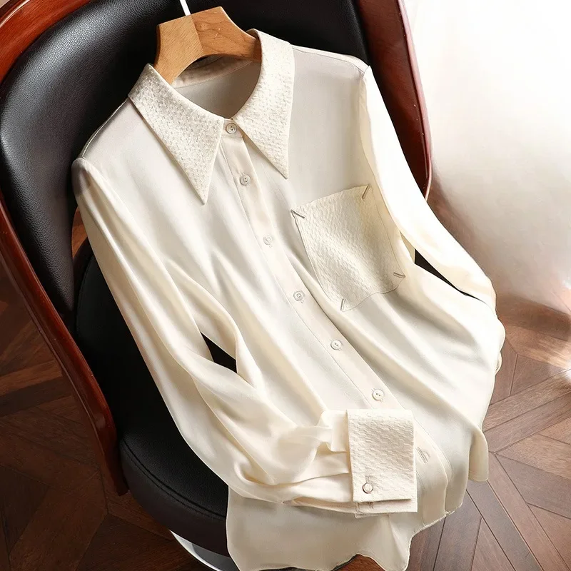 

YCMYUNYAN-Женские атласные однотонные рубашки, винтажные шелковые блузки, весенне-летняя одежда с воротником-поло, свободные длинные рукава, женские топы