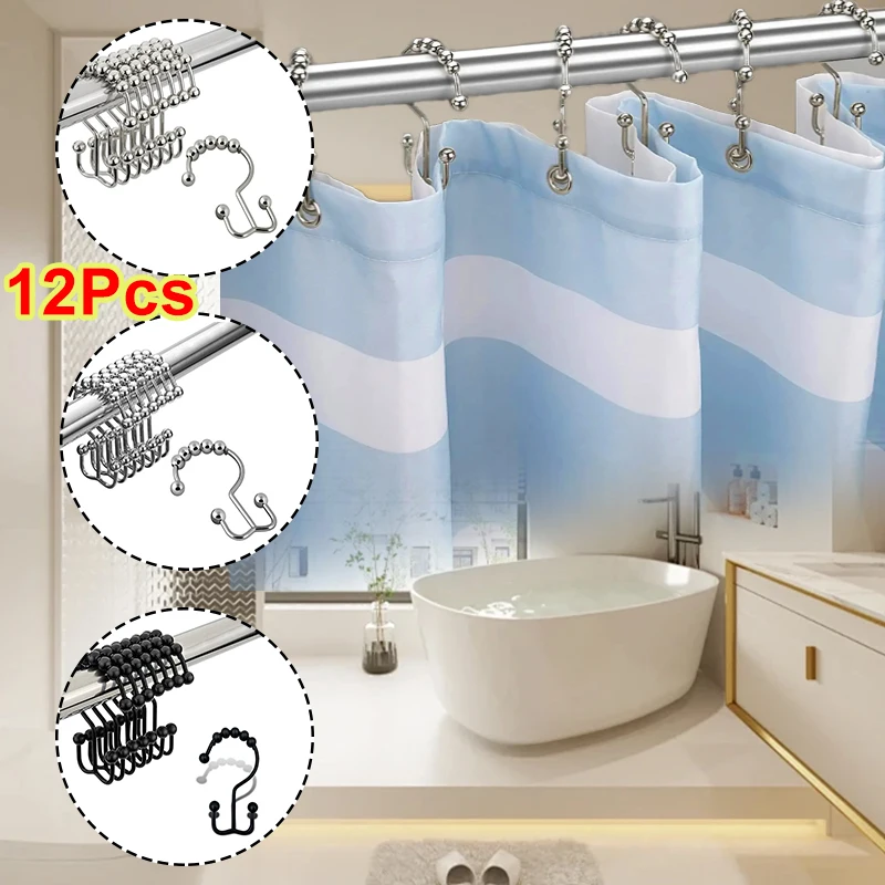 

12pcs/pack Rustproof Bath Curtain Rollerball Shower Curtain Rings Hooks Polished Satin Nickel Ball Curtain Accessories