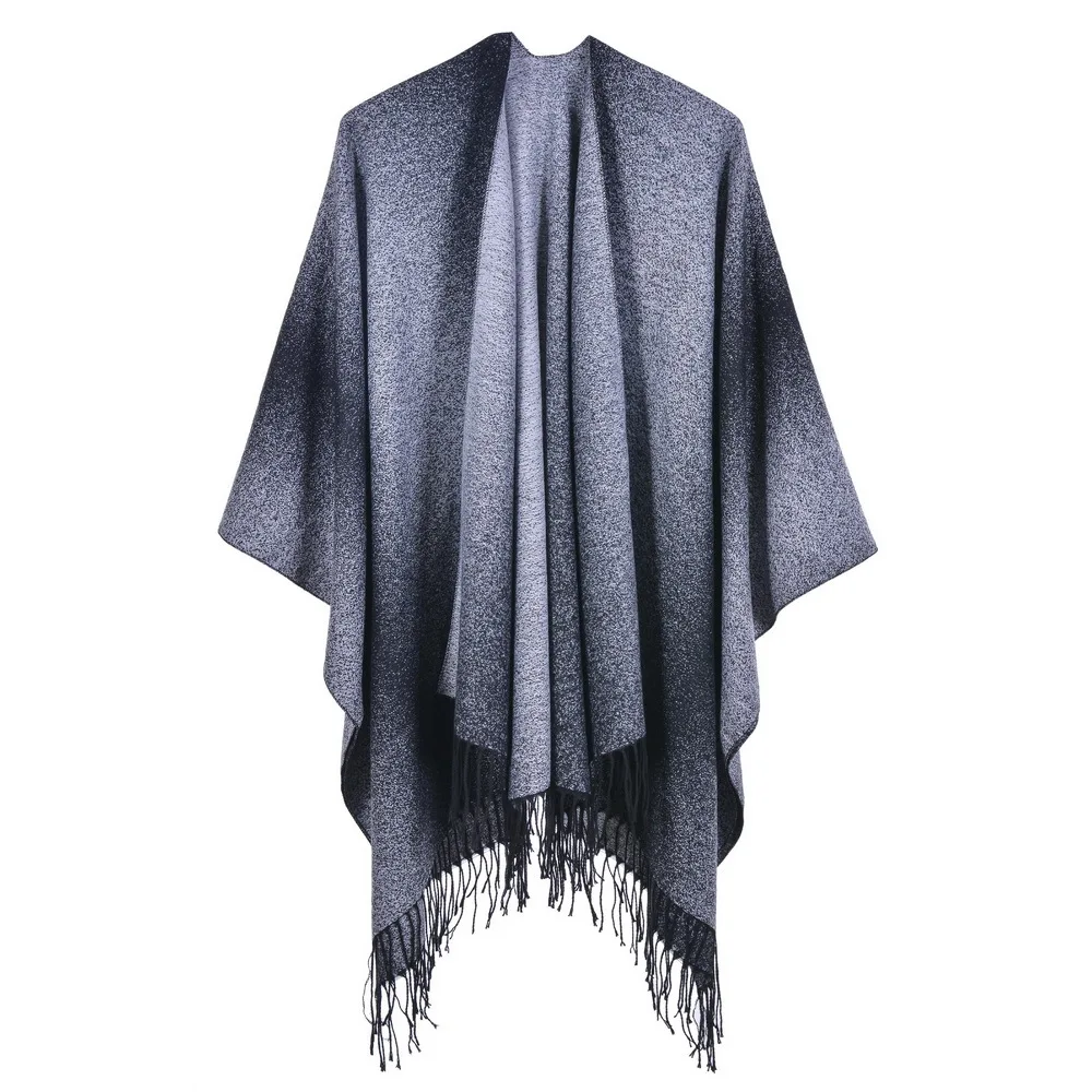 

Autumn Winter Women's Jacquard Shawl European American Street Fashion Fork Thickened Cloak For Warmth Ponchos Capes Gray