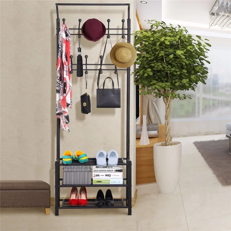 

SmileMart Metal Multipurpose Entryway Hall Tree with 3-Tier Shoe Rack, Black coat rack