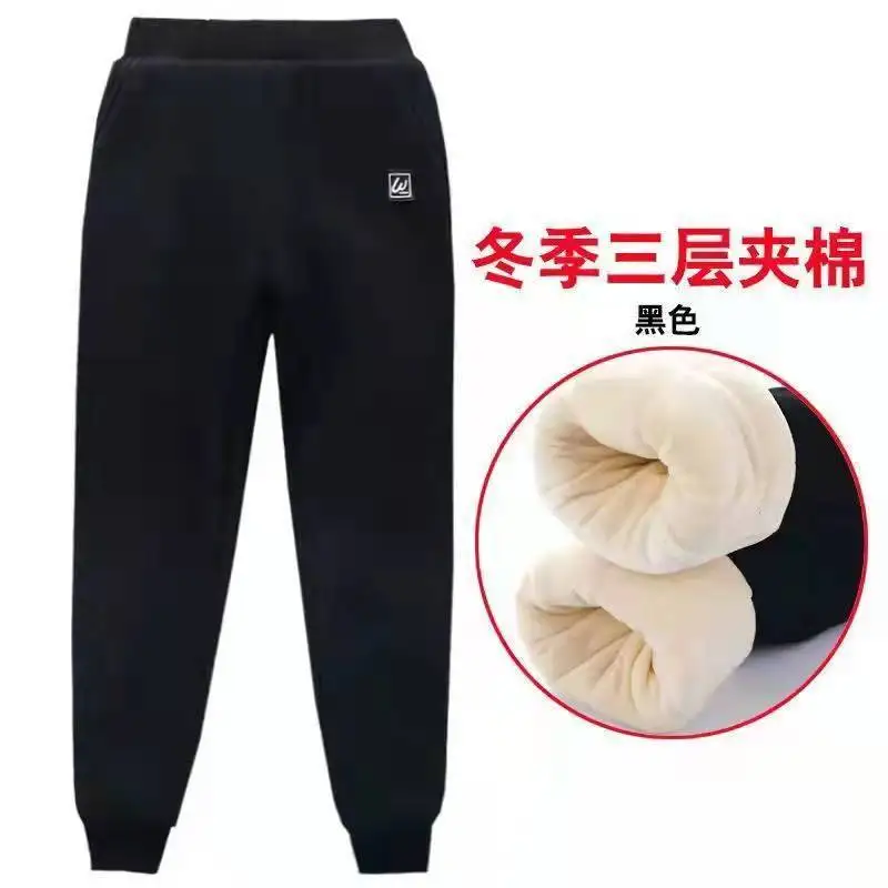 

Boys Girls' Outwear Cuffed Pants Plush Thickened Warm Solid 2023 Winter Three Layers Plus Fleece-Thickened Cotton 5-12 Years Old