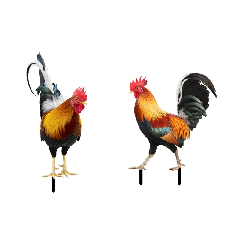 

2 Pcs Rooster Chicken Lawn Stakes Yard Art Garden Decorative Stake new