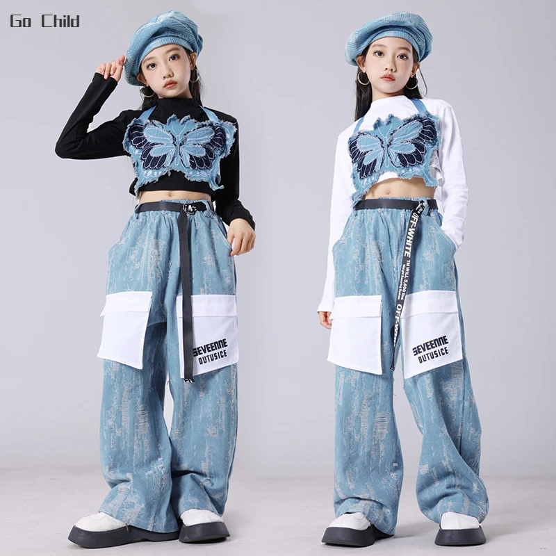 

Girls Hip Hop Butterfly Vest Patchwork Cagro Jeans Kids Crop Top Streetwear Ripped Pants Children Jazz Street Dance Clothes Sets