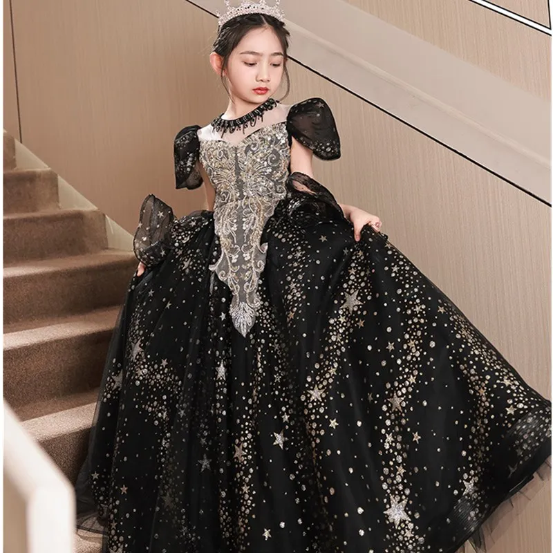

2024 New Year Sequin black Baby Girl Dress 1st Birthday Party Wedding Dress For Girl Palace Princess Evening Dresses Kid Clothes