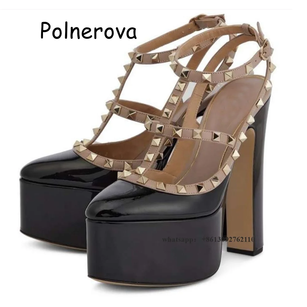

T-Strap Rivets Platform Sandals Women's Luxury High Block Heels Sandals Ladies Studded Summer Party Narrow Band Pointed Toe Shoe