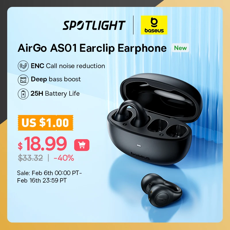 

Baseus AirGo AS01 Wireless Headphones Ear clip Earphones Bluetooth 5.3 2MIc ENC HD Call Noise Reduction Earbuds Sports Earbuds