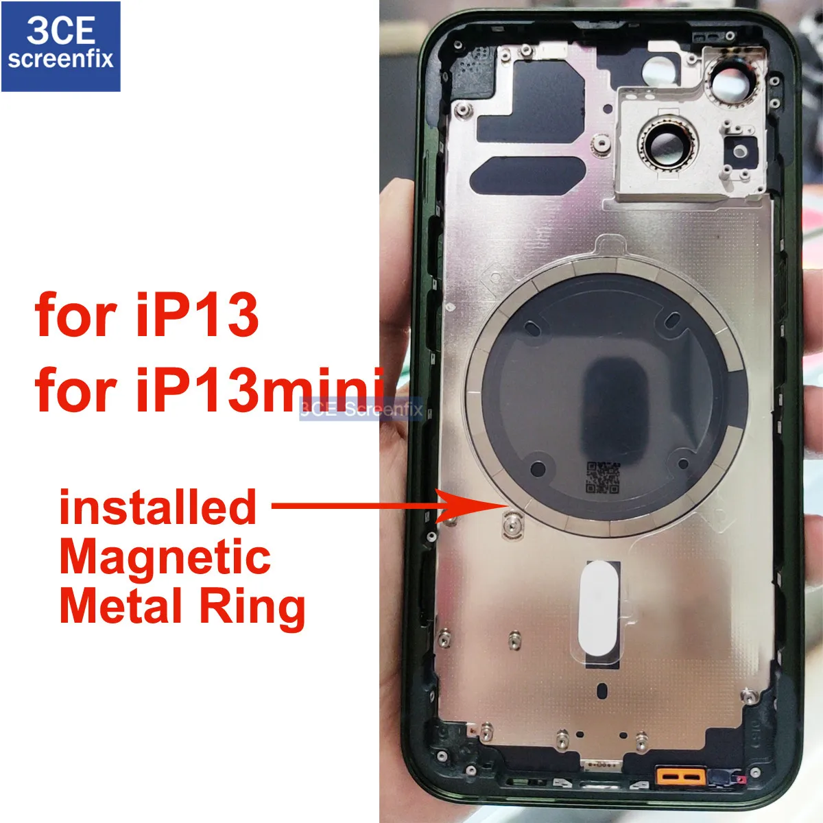 with Magnetic Metal Ring Back Housing Glass Cover for iPhone 13 Mini 13 Pro Max with Middle Frame + SIM Tray + Side Key Parts
with Magnetic Metal Ring Back Housing Glass Cover for iPhone 13 Mini 13 Pro Max with Middle Frame + SIM Tray + Side Key Parts