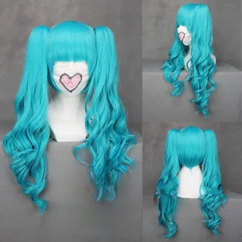 

Vocaloid Miku длинный синий зеленый волнистый Аниме Cosplay вечерние Wig + 2 клипсы на конский хвост