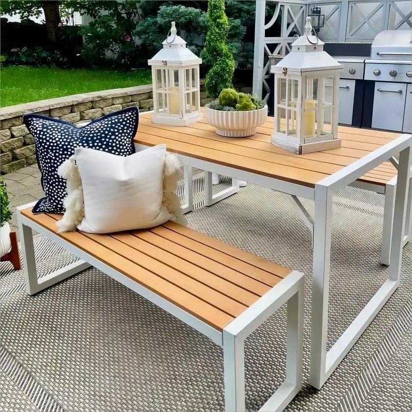 Patio Dining Table and Bench with Faux Wood Tabletop, Outdoor Dining Set for 4-6 People,Picnic Set for Garden - White & Walnut
Patio Dining Table and Bench with Faux Wood Tabletop, Outdoor Dining Set for 4-6 People,Picnic Set for Garden - White & Walnut