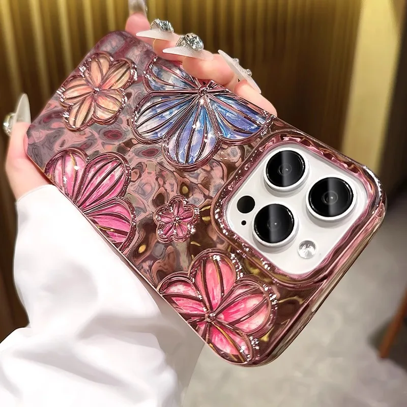 

Luxury Shockproof Plating Flowers Mobile Phone Case For iPhone 15 14 13 12 11 Pro Max Gradient Protect Diamond Back Cover Funda