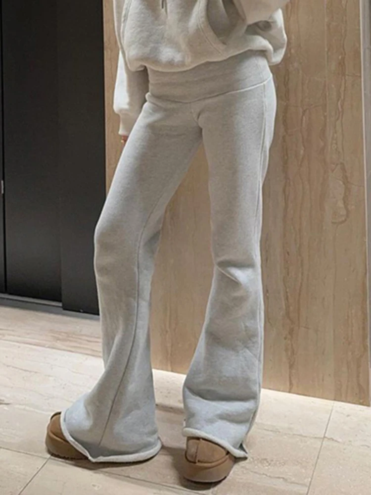 

2024 New Retro American Flare Pants Women Low Rise Spliced Solid Fleece Slim Versatile Trousers Hottie Fashion Winter Streetwear