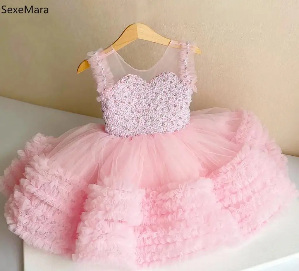 

Beautiful Pink Baby Girls Dresses Fluffy Tulle Pearls Knee Length First Communion Girls Pageant Gown Birthday Party Dress