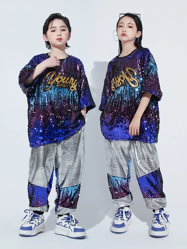 

2024 New Ballroom Hip Hop Dance Costumes For Girls Sequin Loose Tops Hiphop Pants Suit Boys Jazz Performance Stage Wear DQS15974