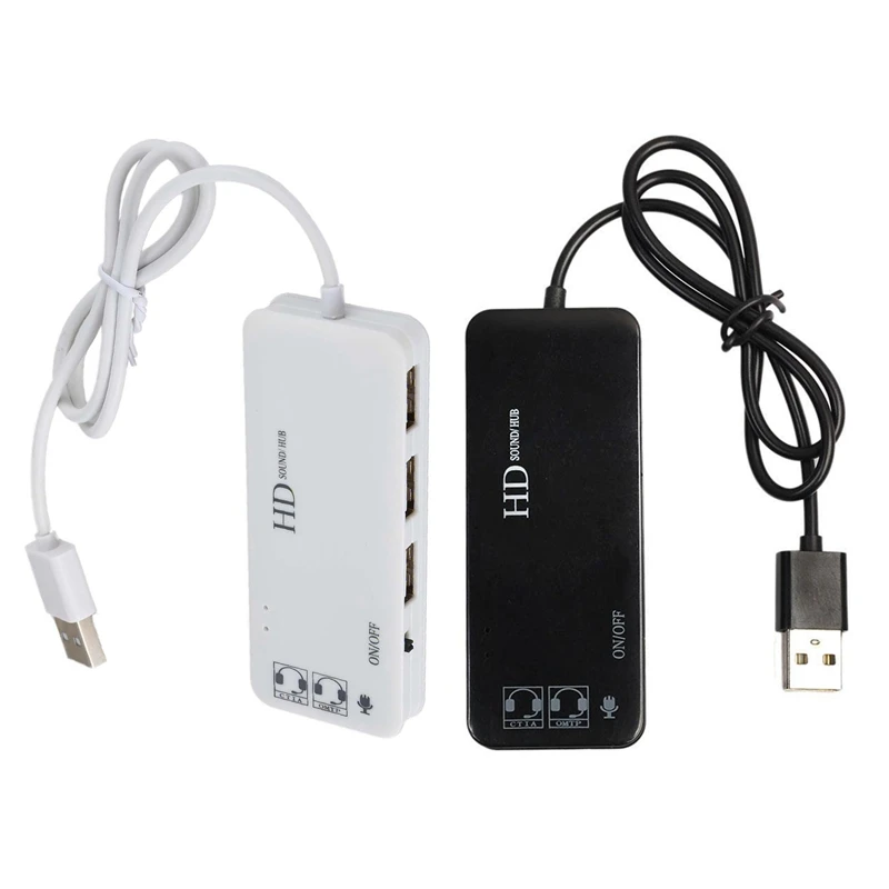 

2Pcs 3 Port Usb 2.0 Hub External 7.1Ch Sound Card Headset Microphone Adapter For Pc - White & Black