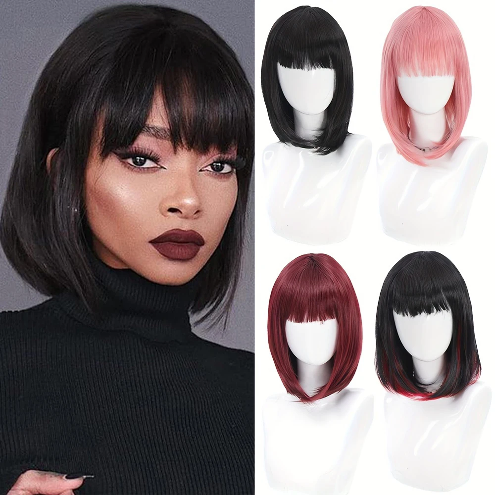 

Short Bob Wig With Bangs Synthetic Wigs For Women Ombre Black Red Blonde Pink Lolita Cosplay Party Natural Hair Perruque Bob