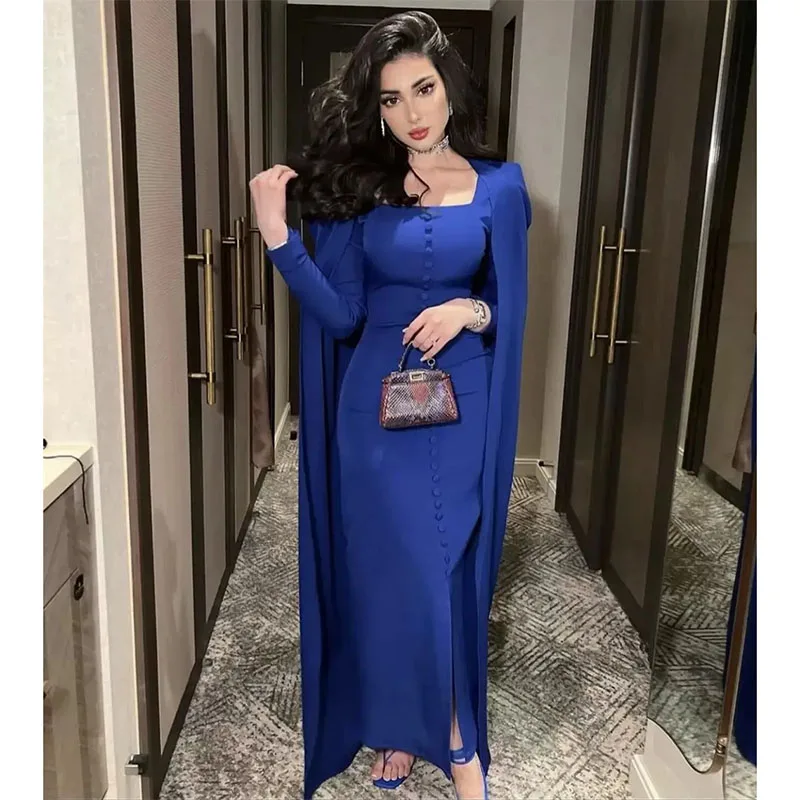 

Royal Blue Vestidos De Noche Evening Dresses Square Neck Buttons Front Split Prom Dress With Wrap Cape Long Sleeves