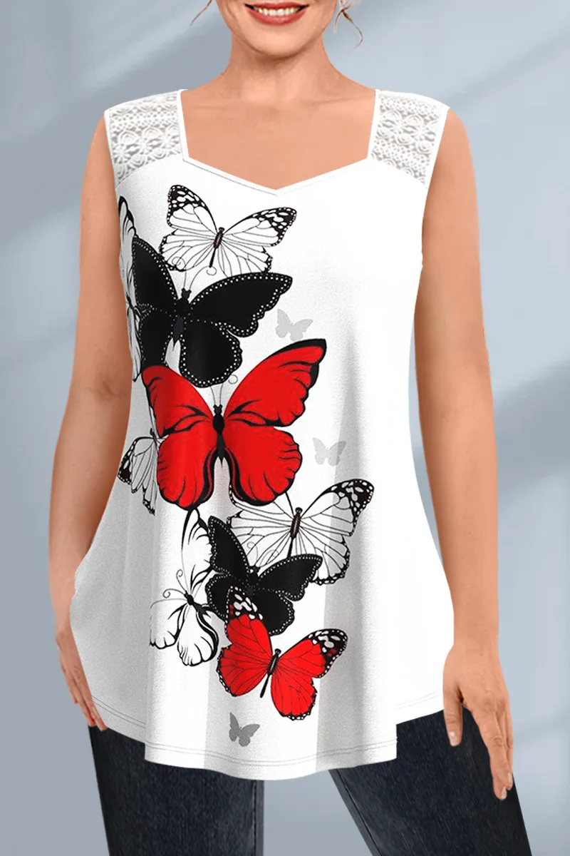 Women Fashion Plus Size Tank Top Casual White Lace Stitching Butterfly Print Sleeveless Round Neck Summer Basic Loose Tank Top
Women Fashion Plus Size Tank Top Casual White Lace Stitching Butterfly Print Sleeveless Round Neck Summer Basic Loose Tank Top