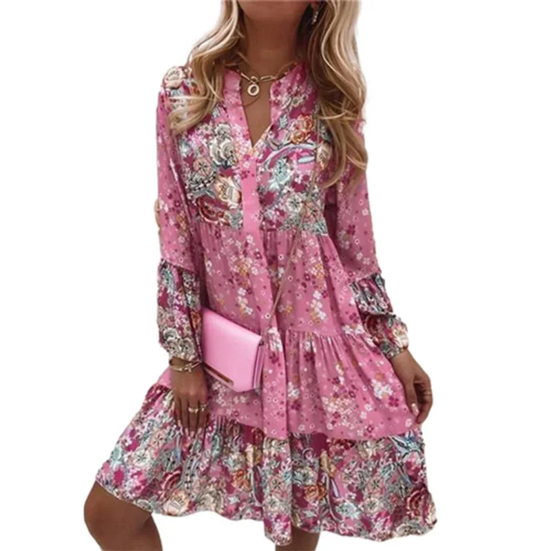 

Sweet Style Multi-layer Patchwork Hem Dress Women V Neck Pullover Flared Sleeves Dresses Female Casual Bohemian Print Midi Gown