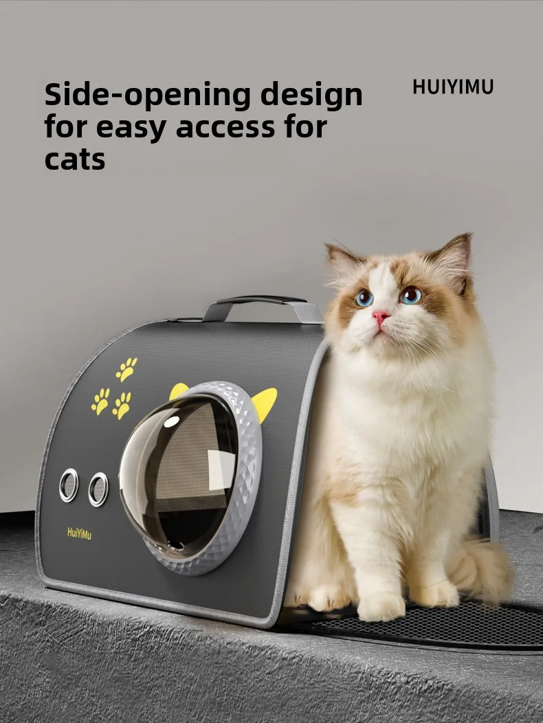 Cat Carrier Bag | Portable Space Capsule Pet Carrier A fluffy Ragdoll cat comfortably stepping out of the side-opening door of the black space capsule carrier.