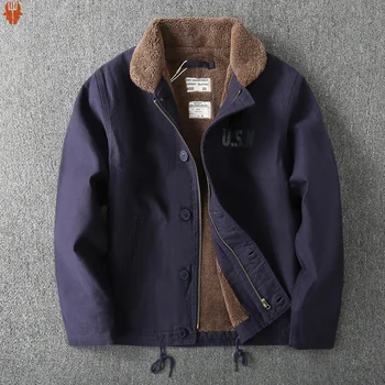 Explore o Estilo de Rua Japonês com a Jaqueta Bomber Plissada MI TEMPIO 7 Vintage Navy N-1 Deck Jacket Men's Winter USN Print Tooling Ami Khaki Thickened Cotton Suit Lamb Velvet Cardigan Coats