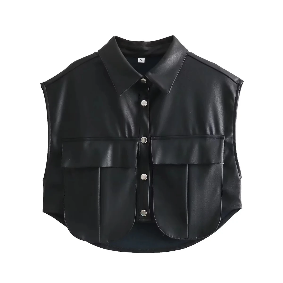 

TRAF Black Leather Cropped Vest For Women Fashion Front Button-Up Tanks Woman Sexy Sleeveless New Waistcoat Female Lapel Tops