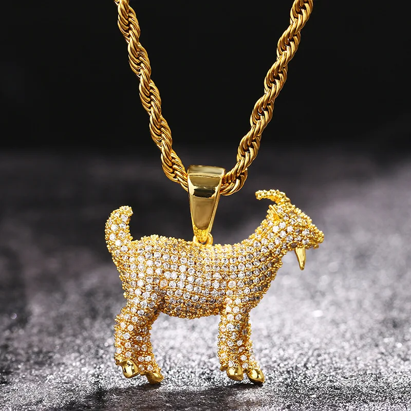 

Hip Hop Full 3A+ CZ Stone Paved Bling Iced Out Goat Sheep Animal Pendants Necklace for Men Rapper Jewelry Gold Silver Color Gift
