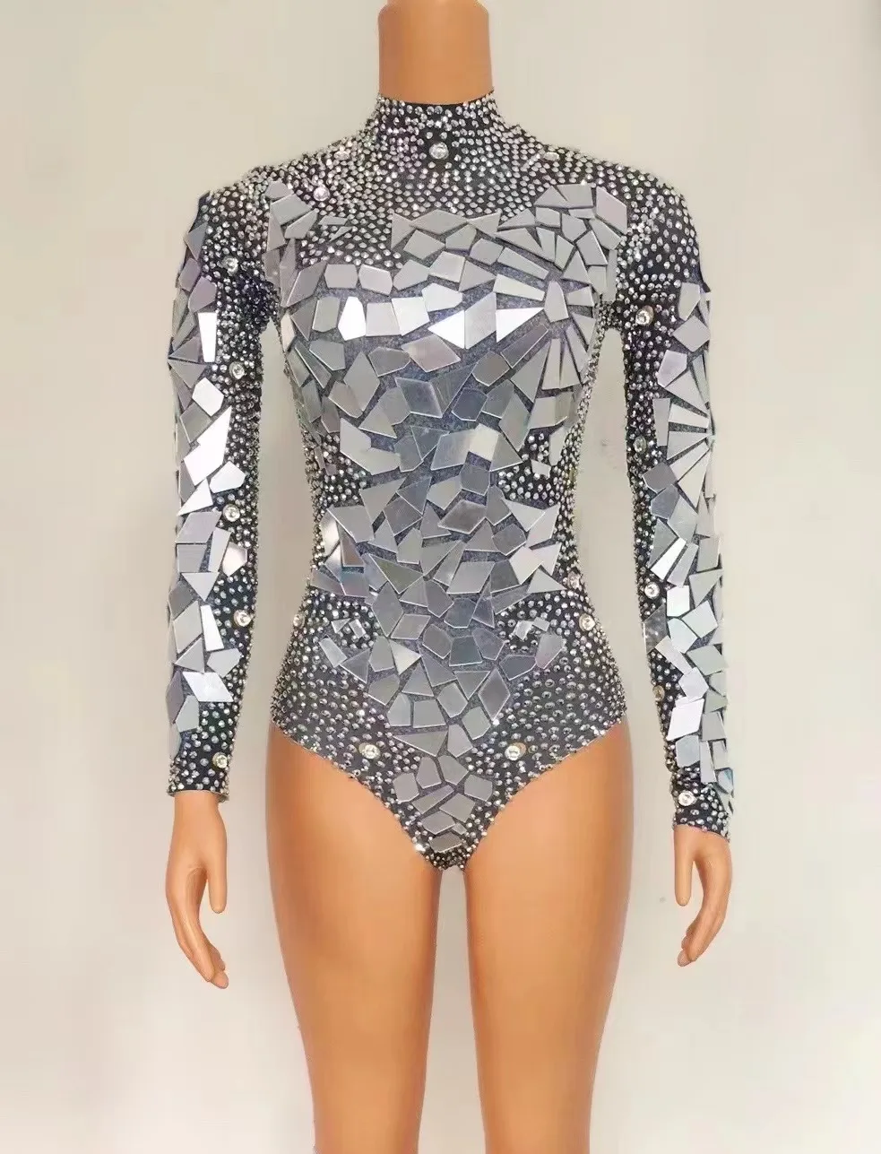 

Sparkly Silver Rhinestones Mirrors Leotard Women's Birthday Party Outfit Dance Costume DS Bar Show Bodysuit Performance Costume