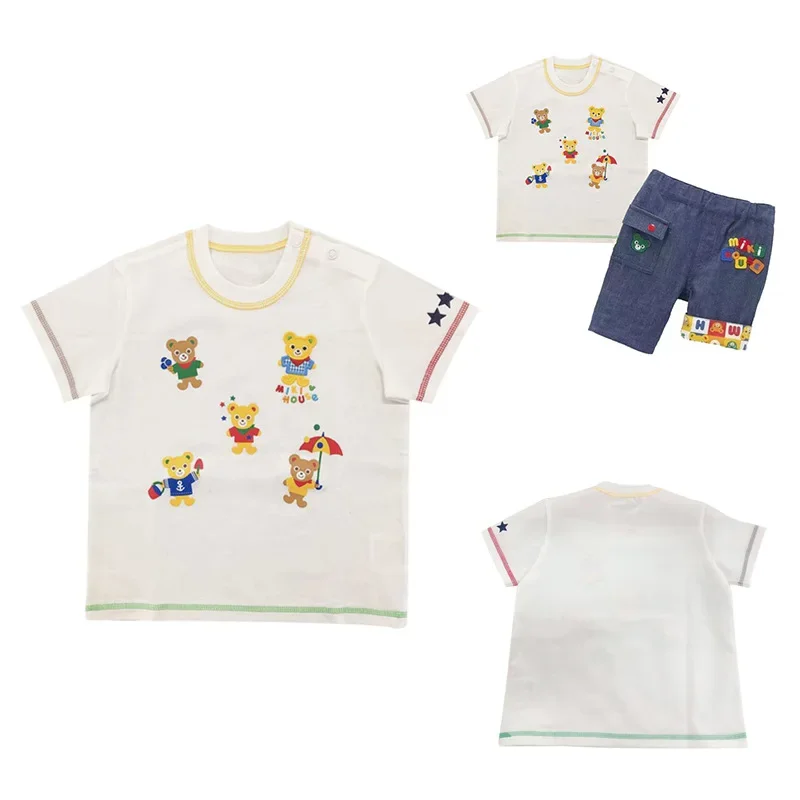 

Летняя новинка, одежда для мальчиков, футболка с коротким рукавом и милым мультяшным принтом 5 маленьких медведей, сезон 2024